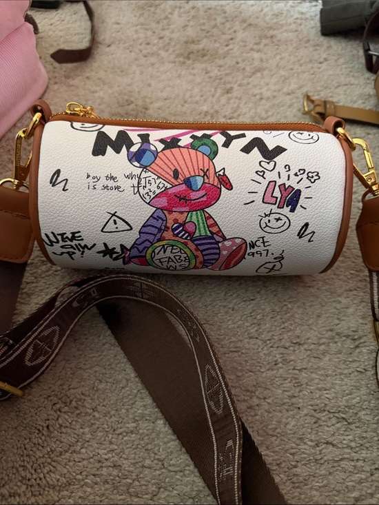 Handbags - Colorful Graffiti Bear Barrel Bag - White with Multicolor Print